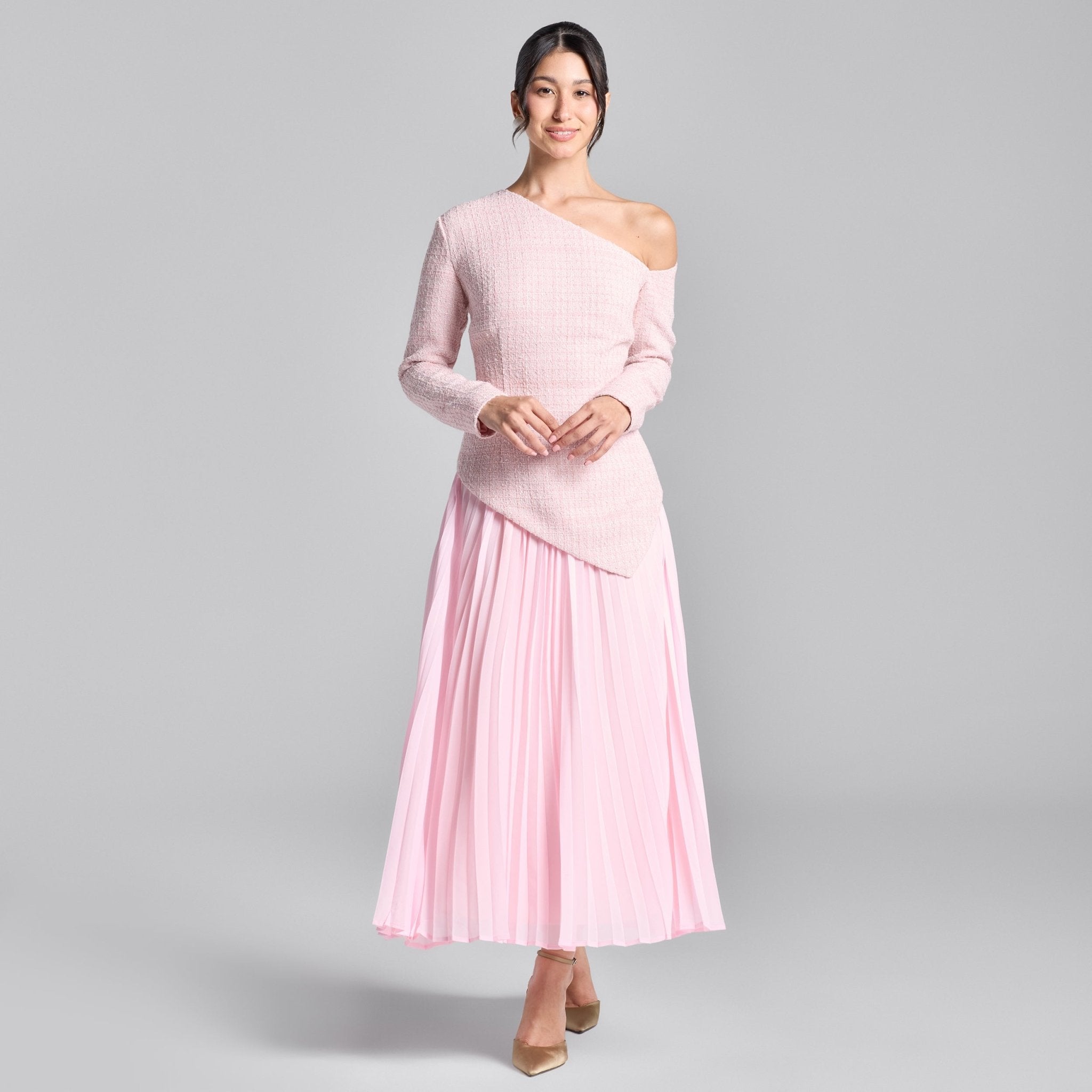 Pink One - Shoulder Tweed - Chiffon Maxi Dress - shopaleena