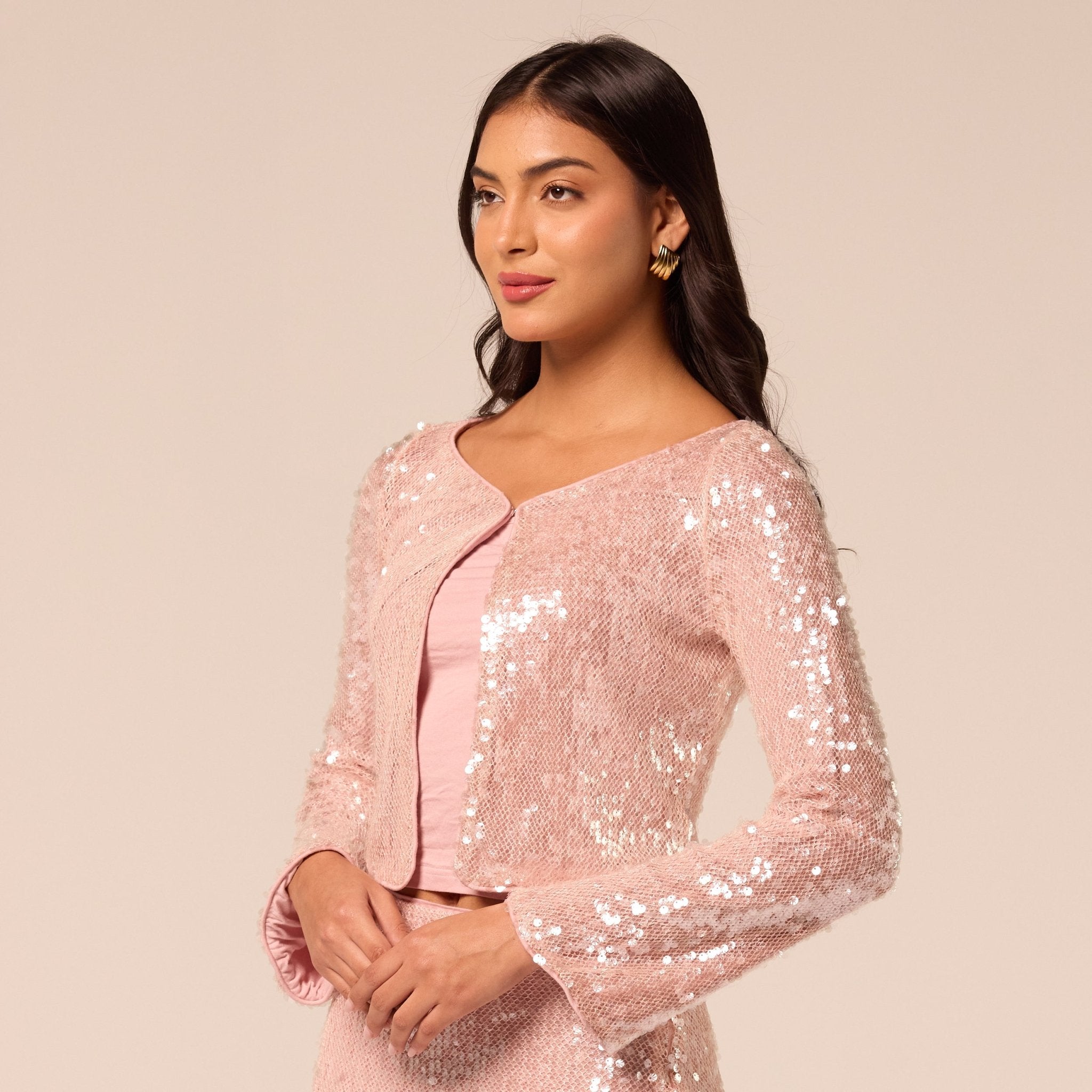 Pink Open-Front Long Sleeve Sequin Jacket - shopaleena