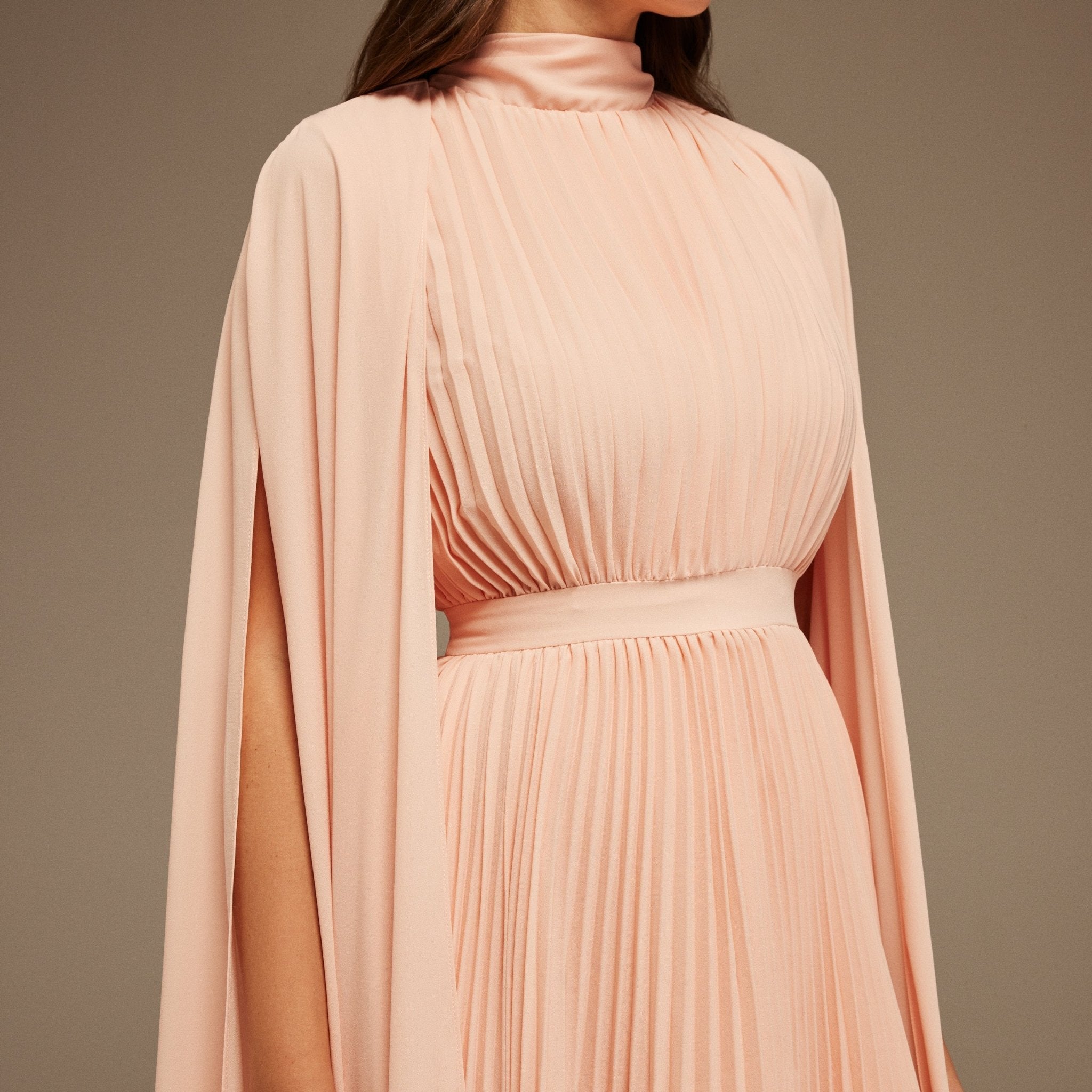 Pink Pleated A - line Dress with Cape Sleeves and High Neck Scarf - shopaleena