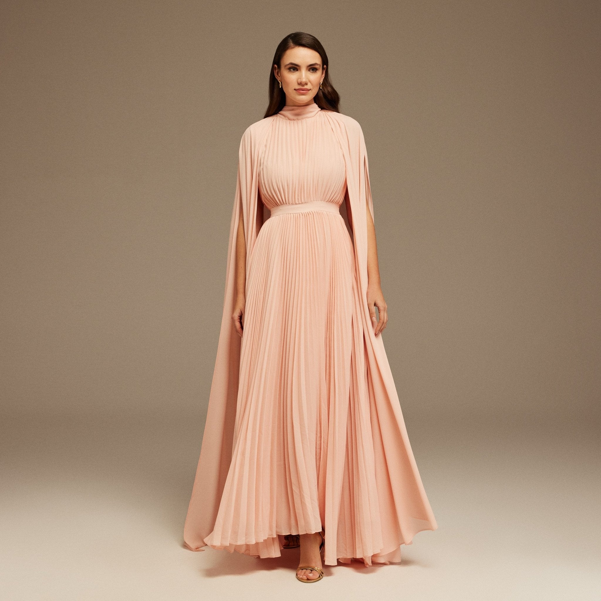 Pink Pleated A - line Dress with Cape Sleeves and High Neck Scarf - shopaleena