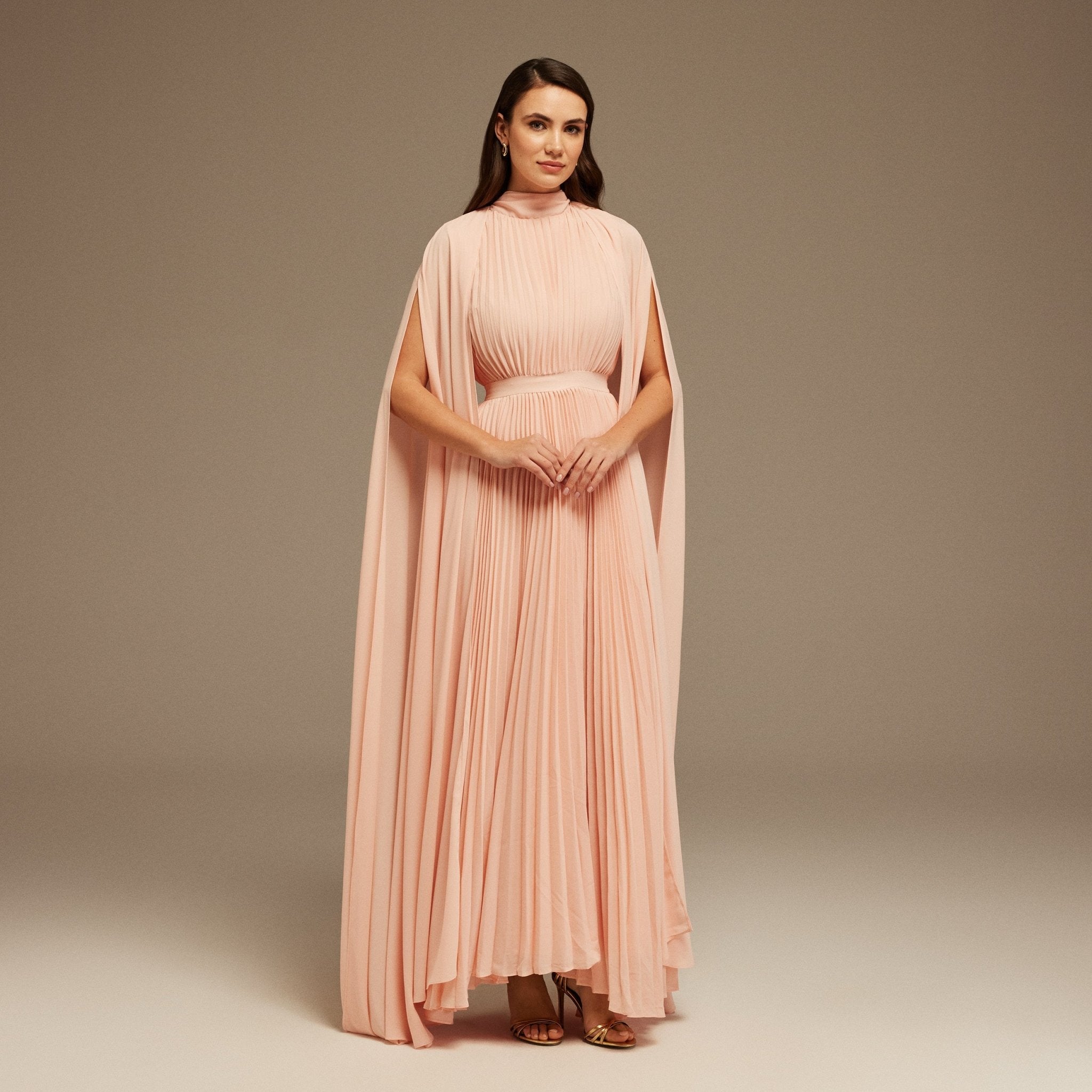 Pink Pleated A - line Dress with Cape Sleeves and High Neck Scarf - shopaleena