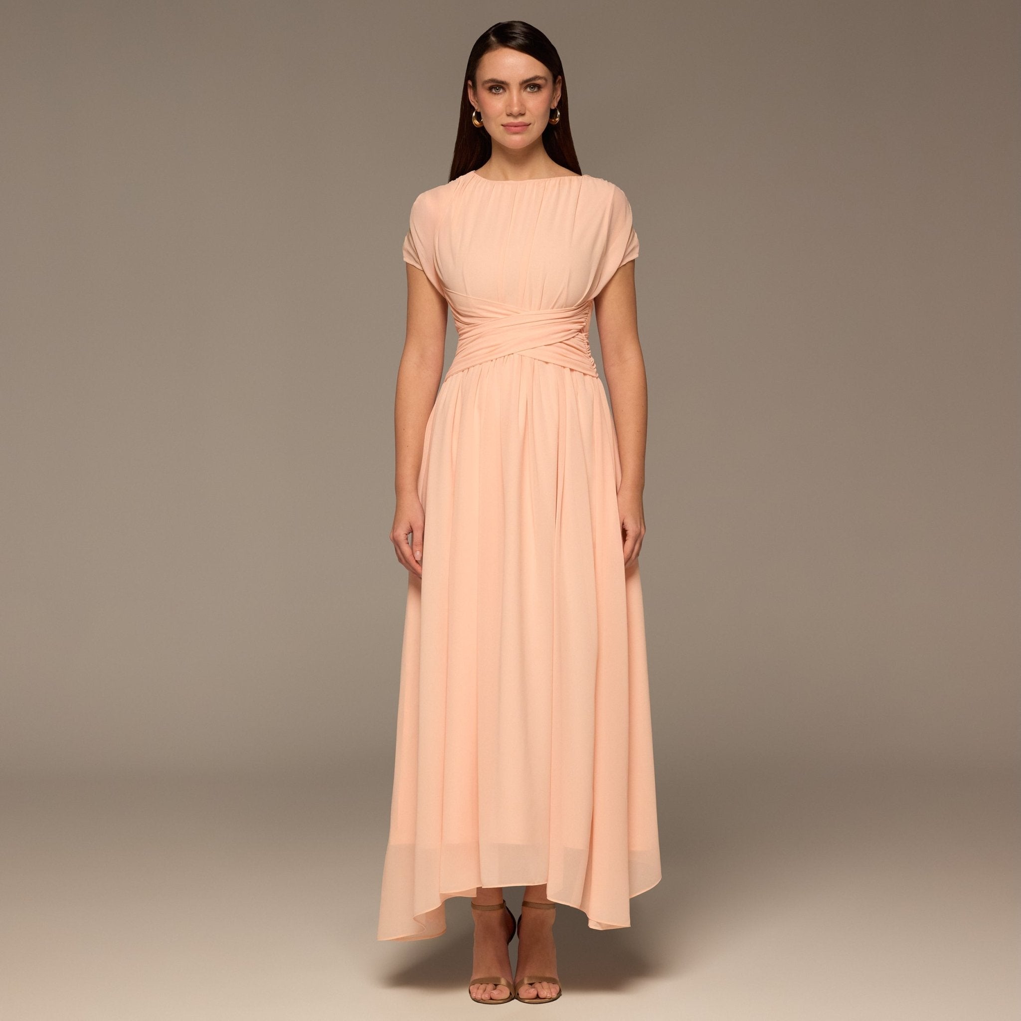 Pink Pleated High - Low Dress with Draped Bodice - shopaleena