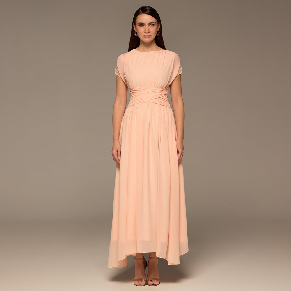 Pink Pleated High - Low Dress with Draped Bodice - shopaleena