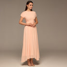 Pink Pleated High - Low Dress with Draped Bodice - shopaleena