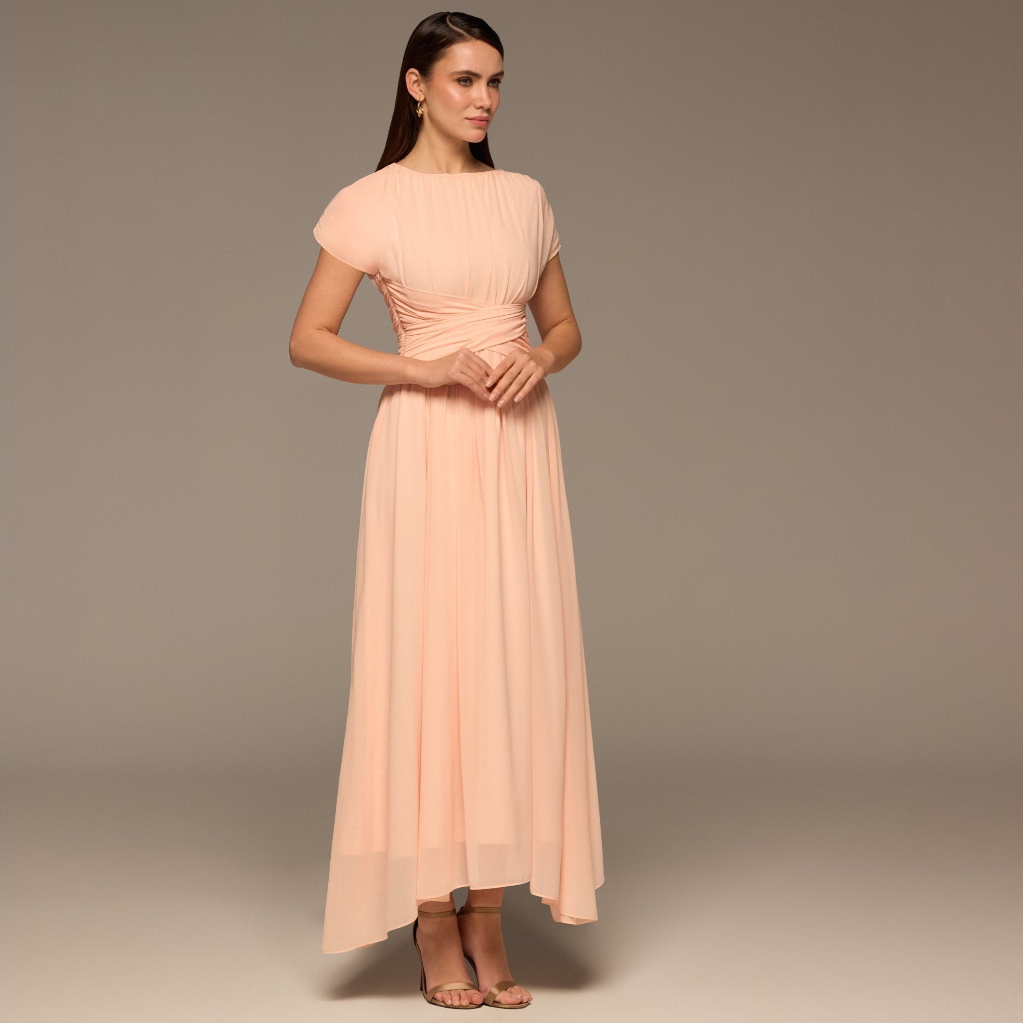 Pink Pleated High - Low Dress with Draped Bodice - shopaleena
