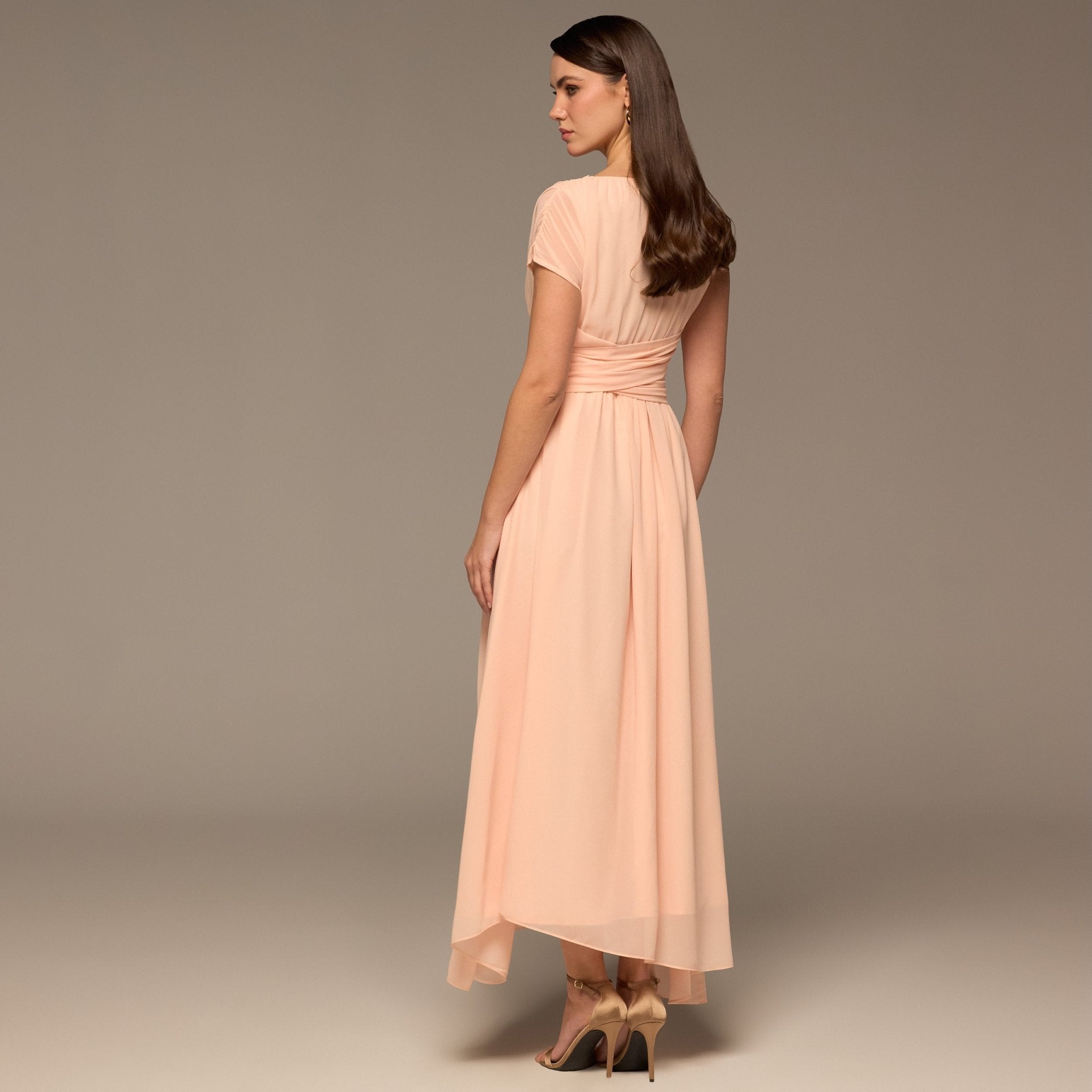 Pink Pleated High - Low Dress with Draped Bodice - shopaleena