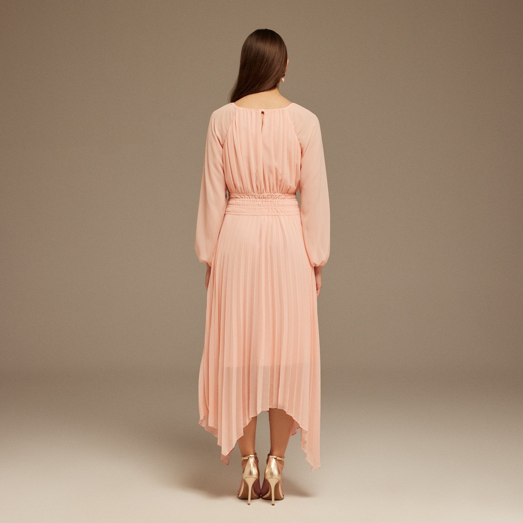 Pink Ruched top long sleeve Chiffon Midi Dress - shopaleena