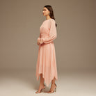 Pink Ruched top long sleeve Chiffon Midi Dress - shopaleena