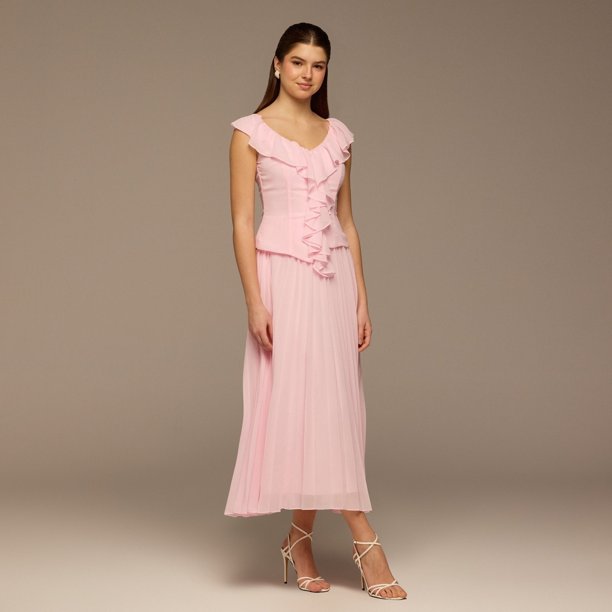 Pink Ruffle Neck Pleated Chiffon Dress - shopaleena