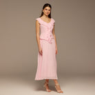 Pink Ruffle Neck Pleated Chiffon Dress - shopaleena