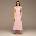Pink Ruffle Neck Pleated Chiffon Dress - shopaleena