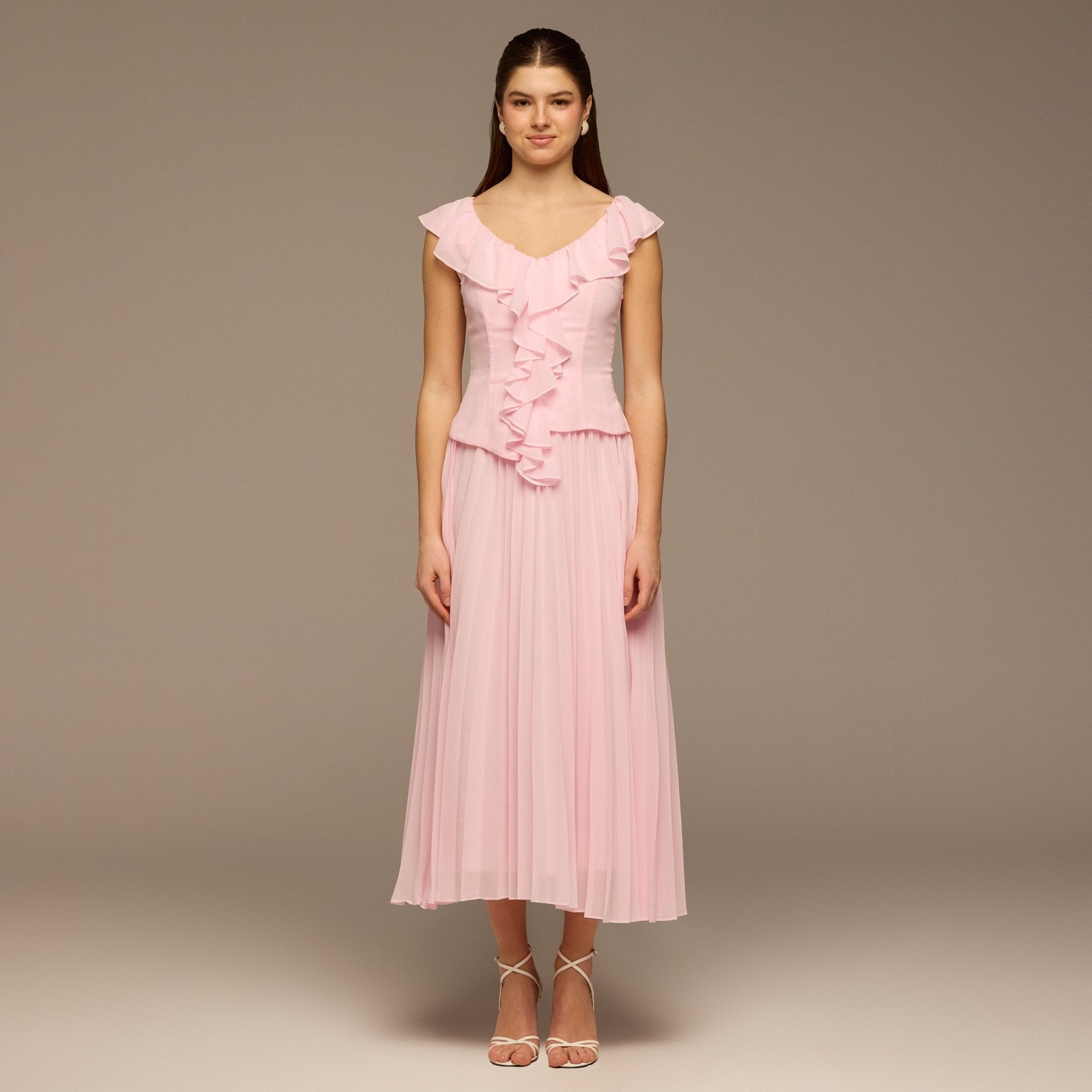Pink Ruffle Neck Pleated Chiffon Dress - shopaleena