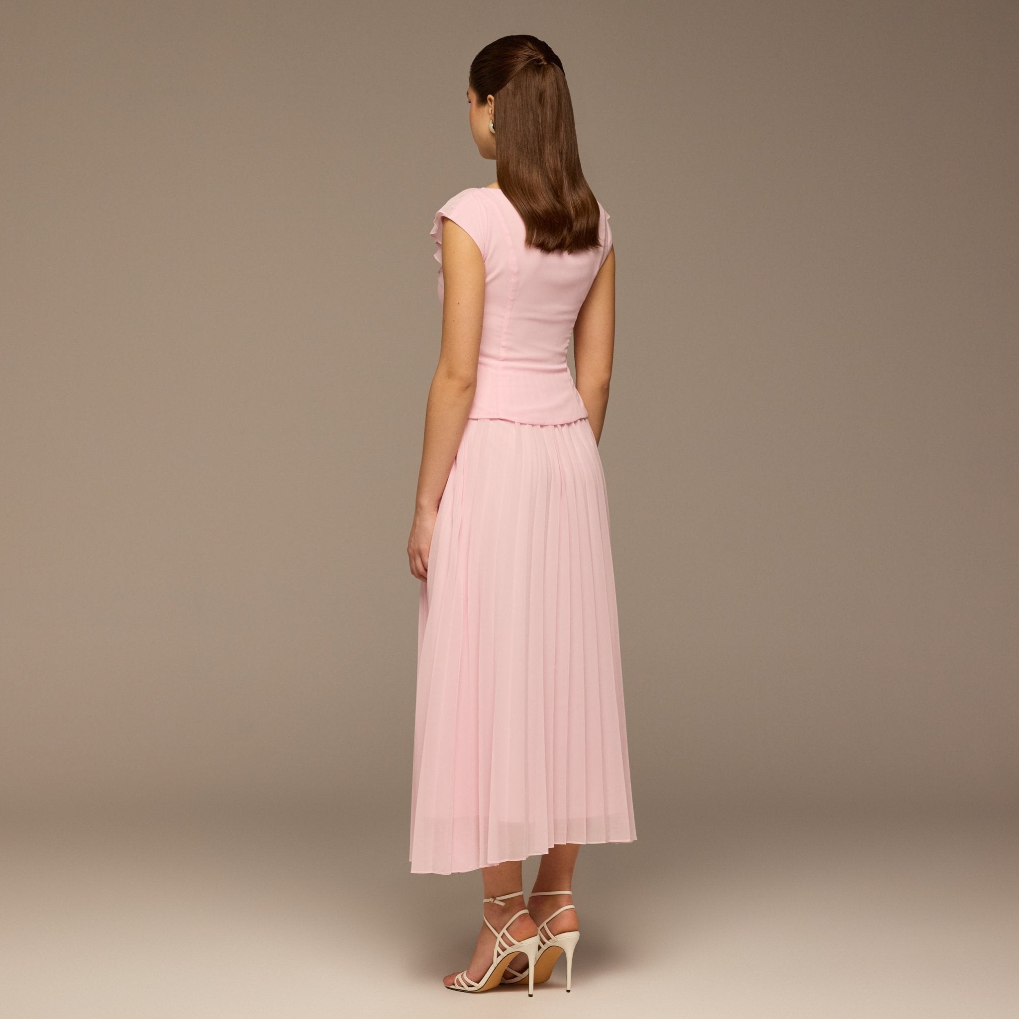 Pink Ruffle Neck Pleated Chiffon Dress - shopaleena