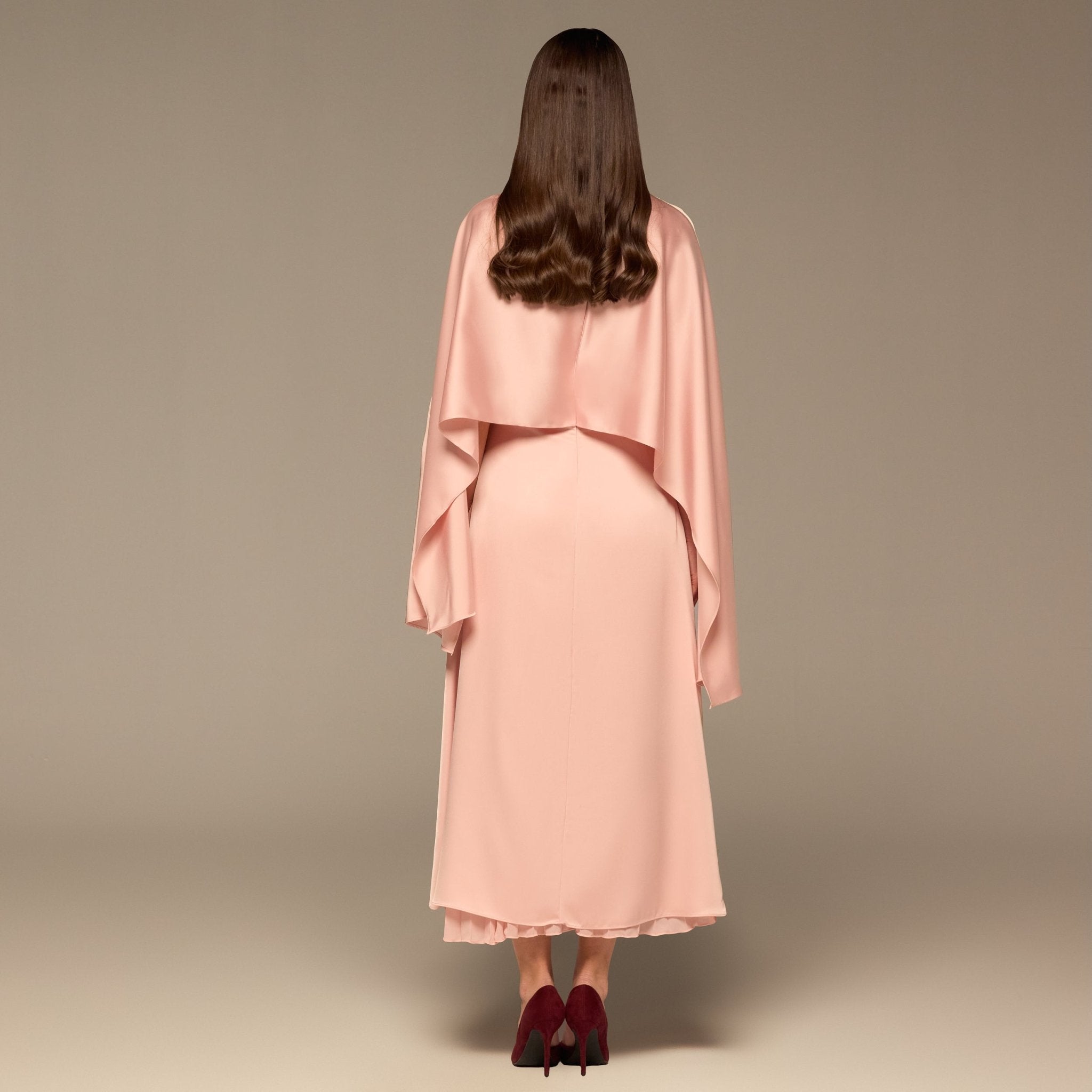 Pink Satin Dress with Cape Sleeves - shopaleena