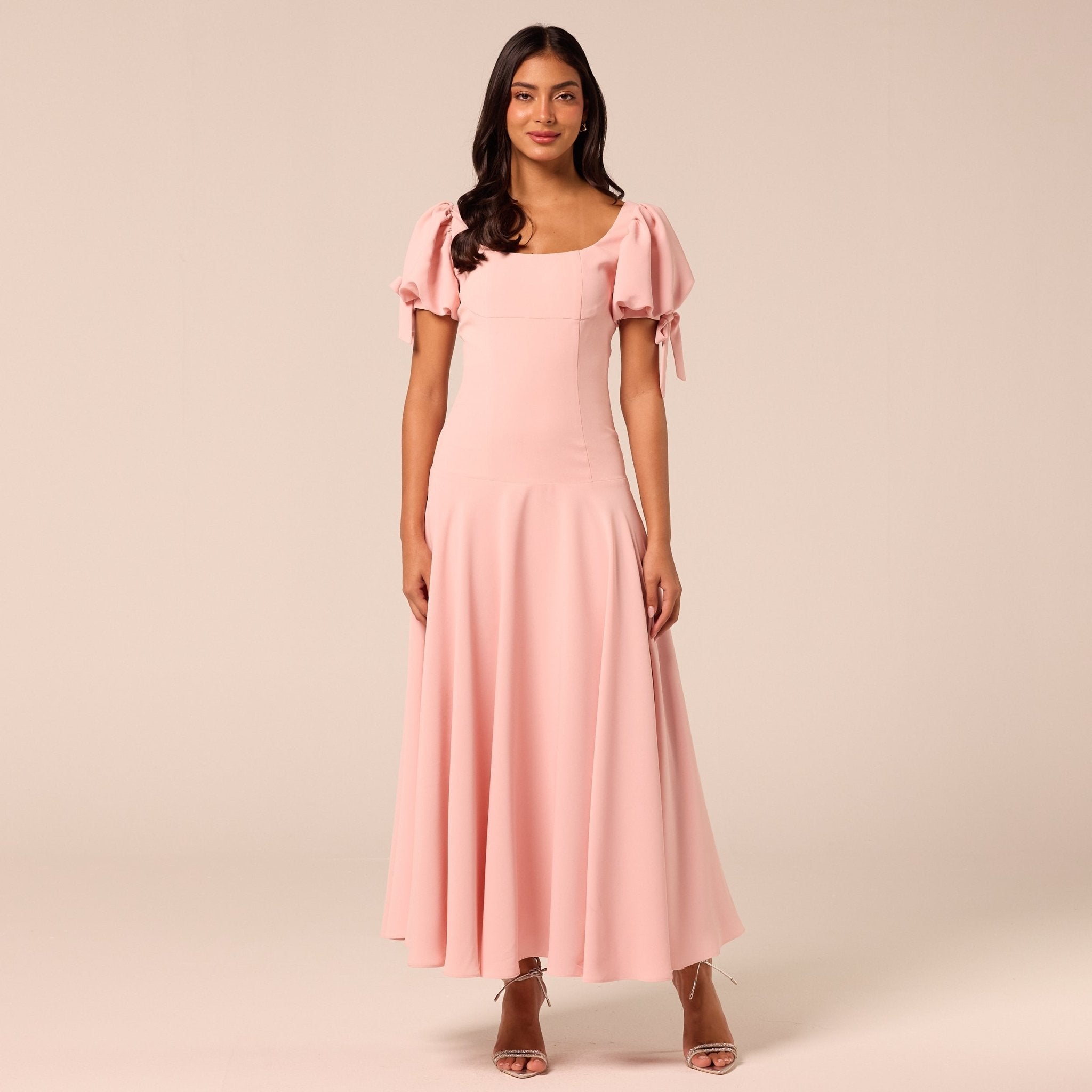 Pink Short Puff Sleeve Crepe Dress - shopaleena
