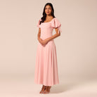 Pink Short Puff Sleeve Crepe Dress - shopaleena
