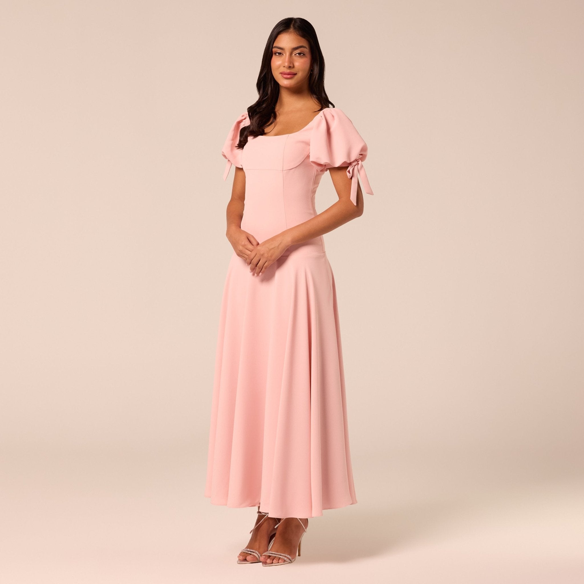 Pink Short Puff Sleeve Crepe Dress - shopaleena