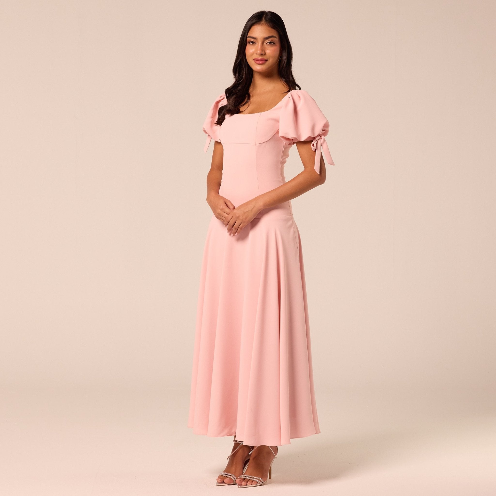 Pink Short Puff Sleeve Crepe Dress - shopaleena