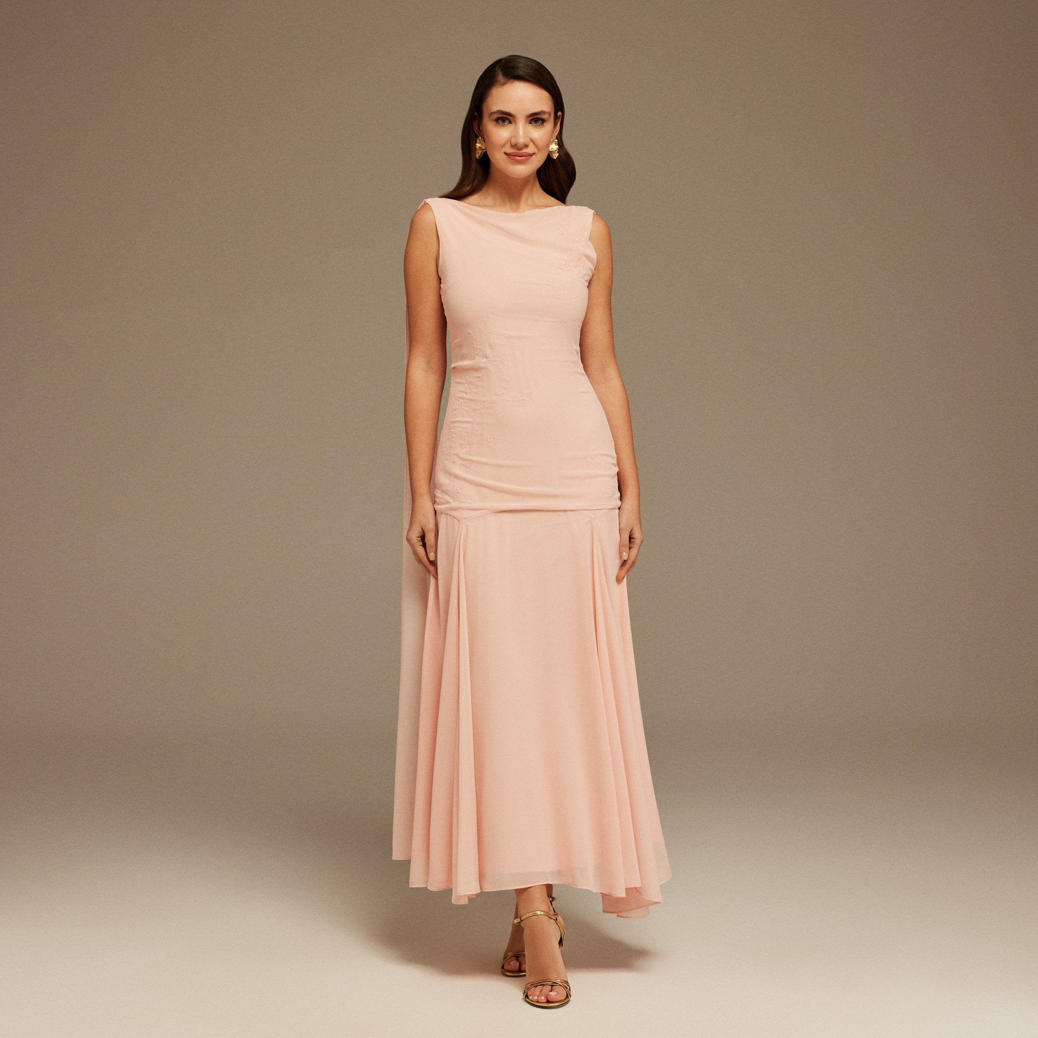 Pink Sleeveless Chiffon Maxi Dress with embroidery - shopaleena