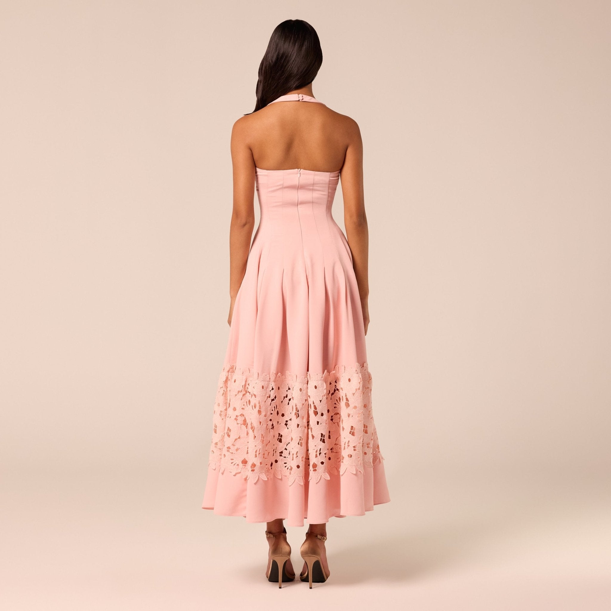 Pink Sleeveless Lace-Paneled Crepe Midi Dress - shopaleena