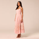 Pink Sleeveless Lace-Paneled Crepe Midi Dress - shopaleena