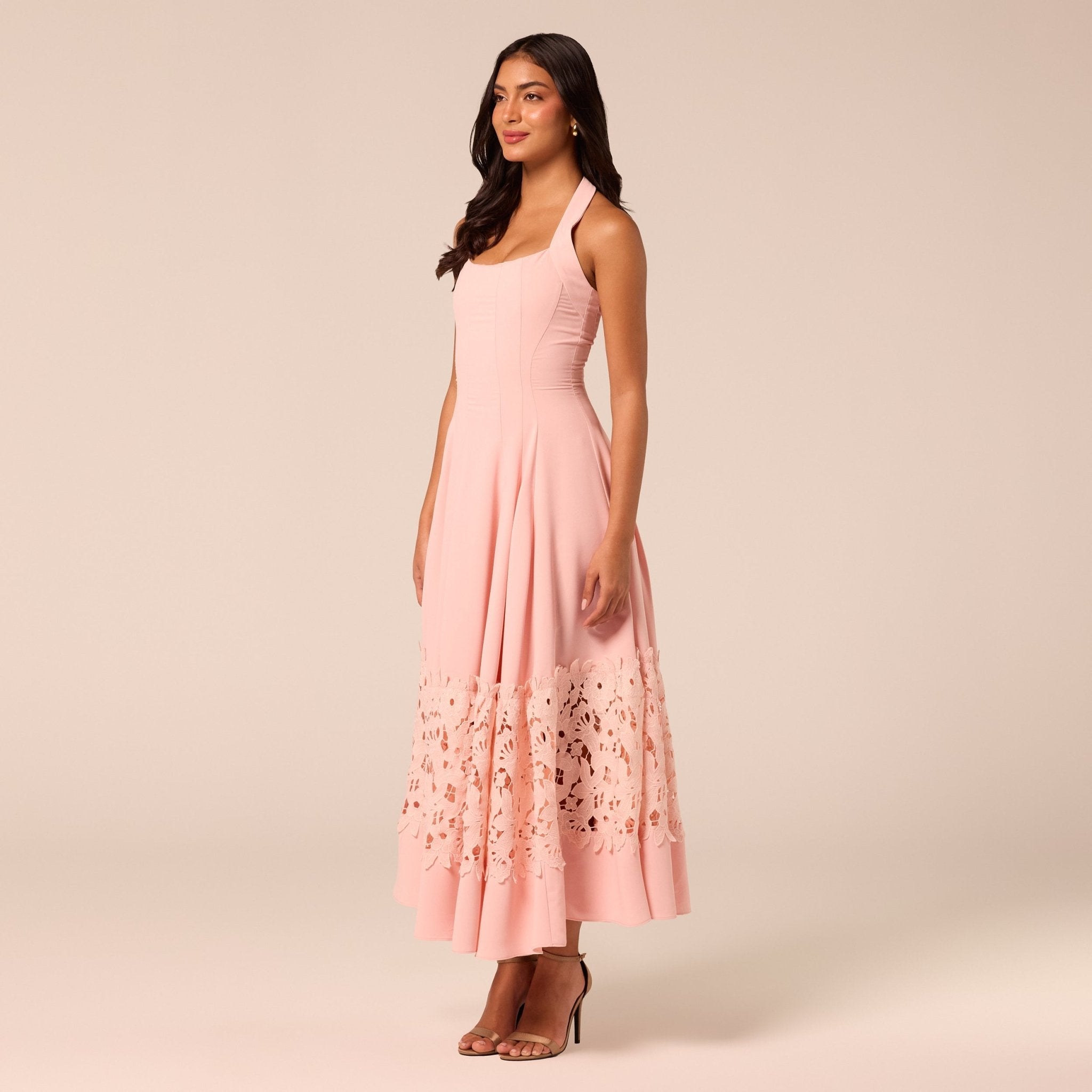 Pink Sleeveless Lace-Paneled Crepe Midi Dress - shopaleena