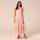 Pink Sleeveless Lace-Paneled Crepe Midi Dress - shopaleena