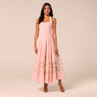 Pink Sleeveless Lace-Paneled Crepe Midi Dress - shopaleena