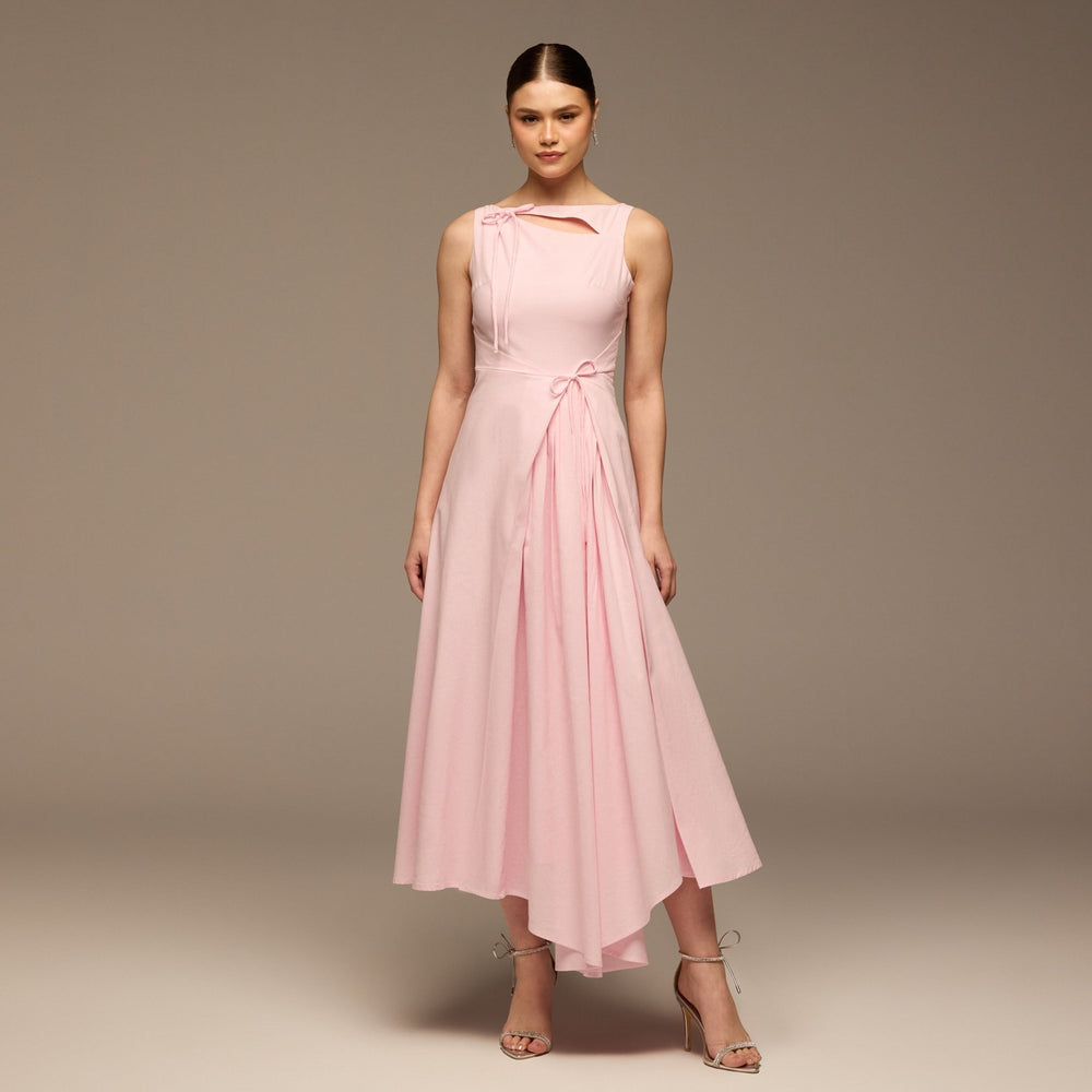 Pink Sleeveless Midi Dress Knot Details - shopaleena
