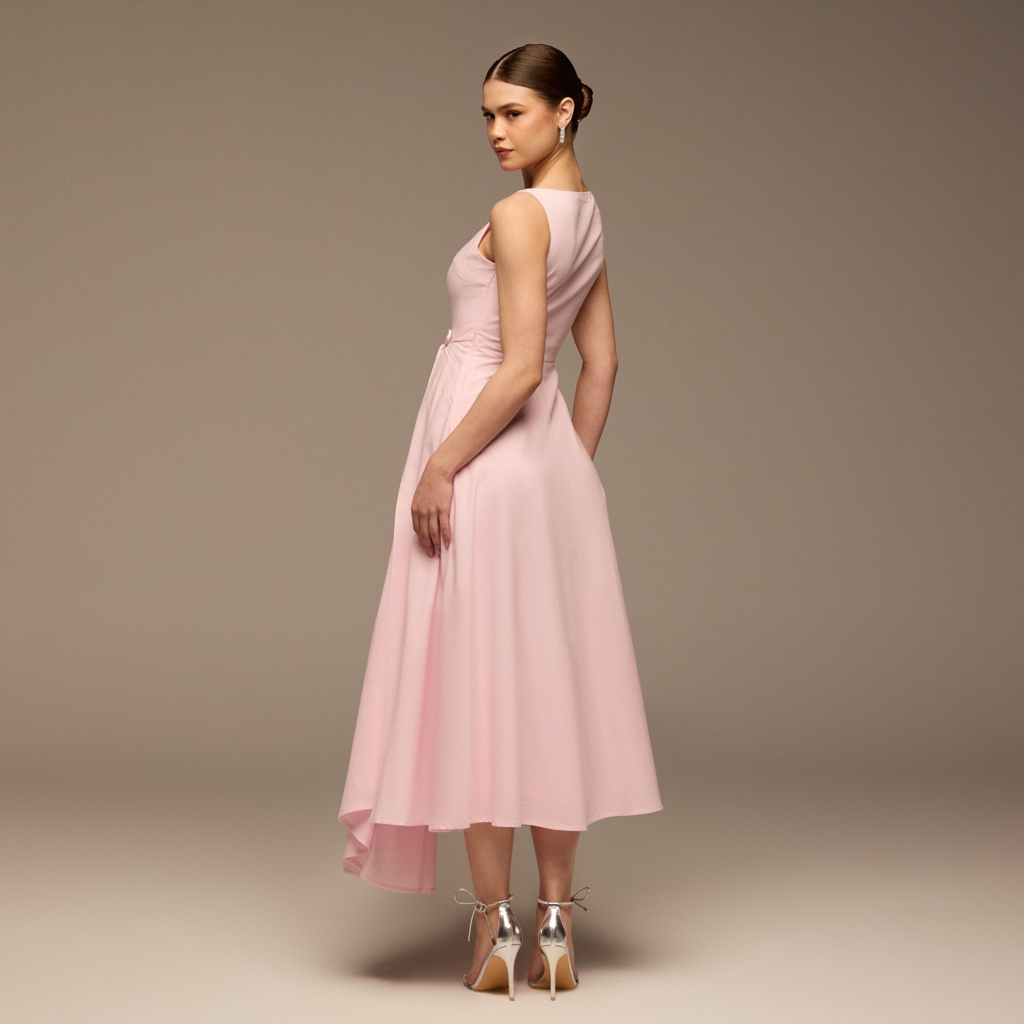 Pink Sleeveless Midi Dress Knot Details - shopaleena