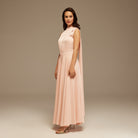 Pink Sleeveless Satin Maxi Dress With Scarf - shopaleena