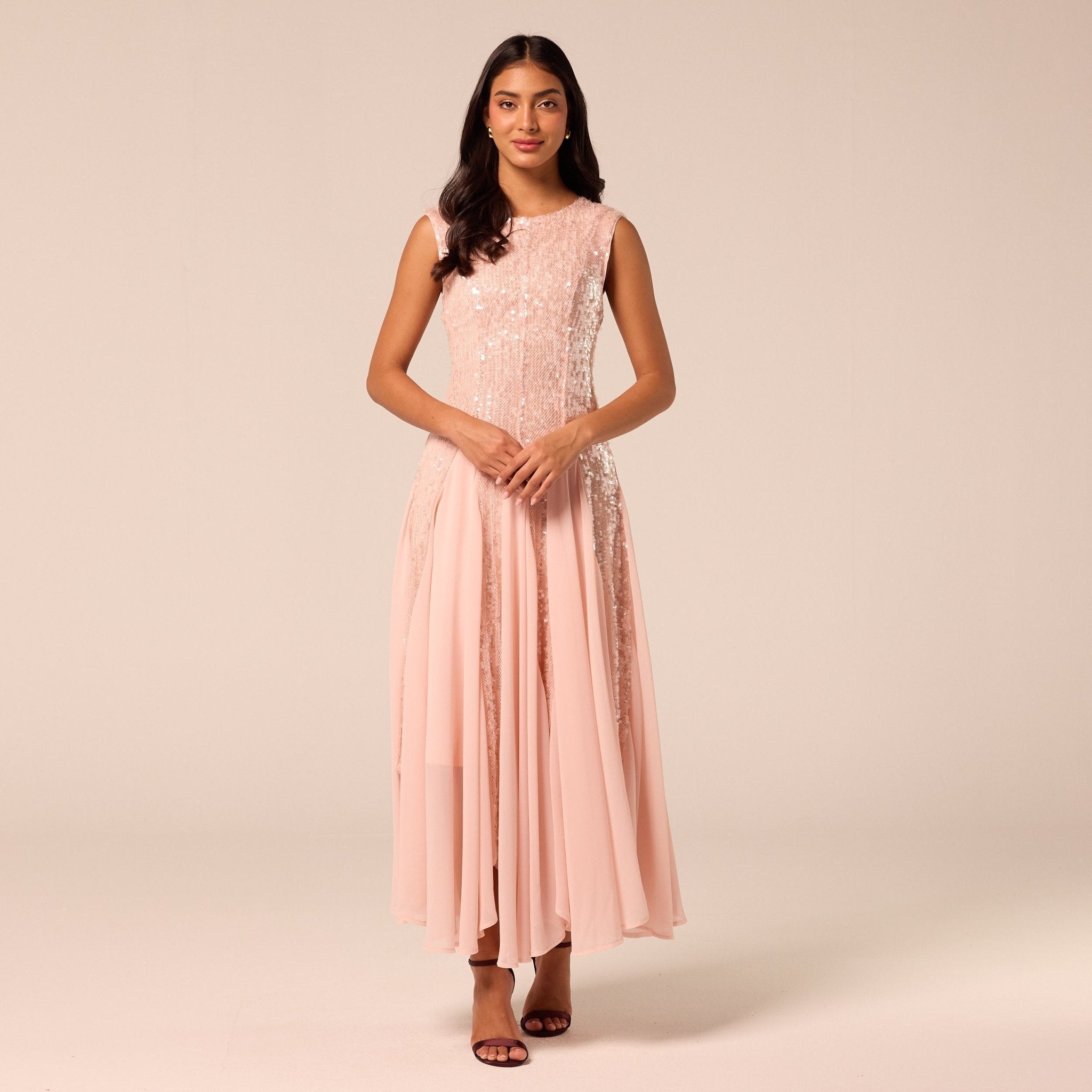 Pink Sleeveless Sequin Dress with Chiffon Godets - shopaleena