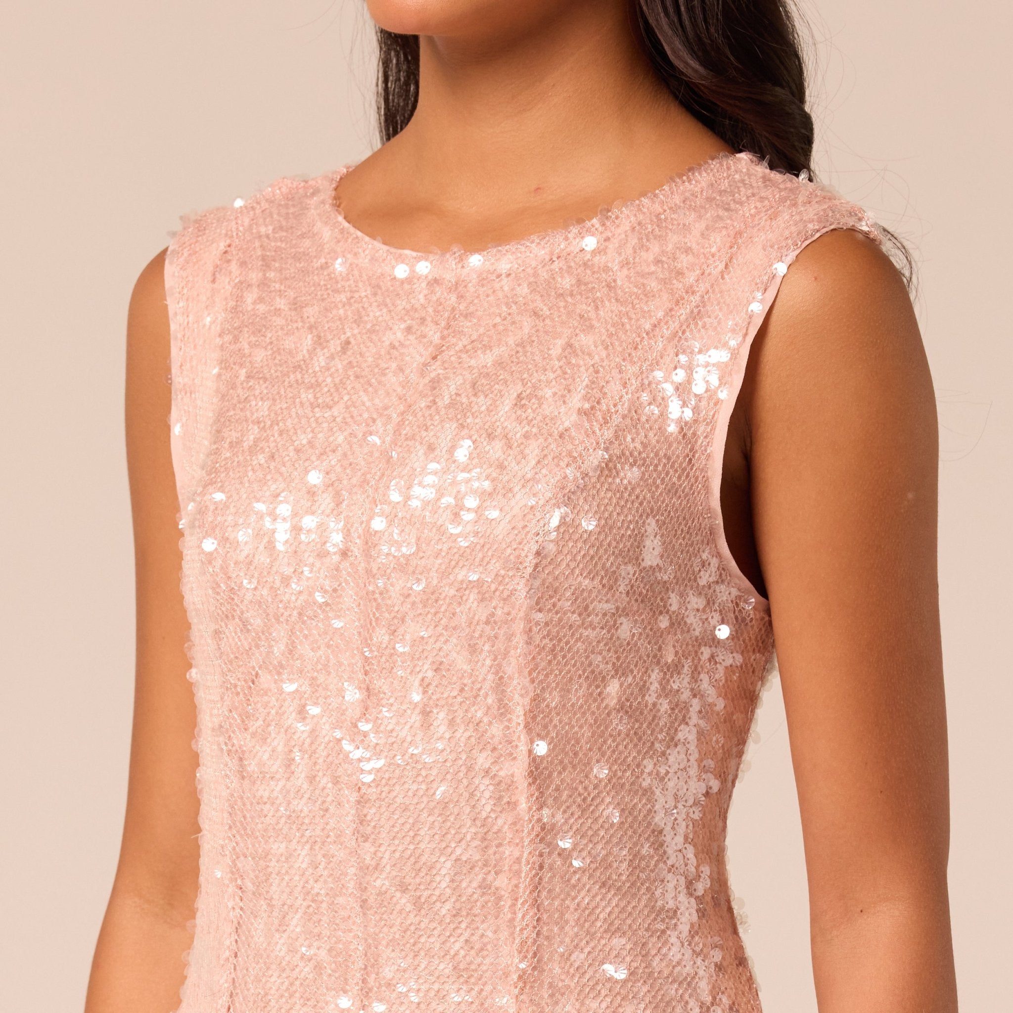 Pink Sleeveless Sequin Dress with Chiffon Godets - shopaleena