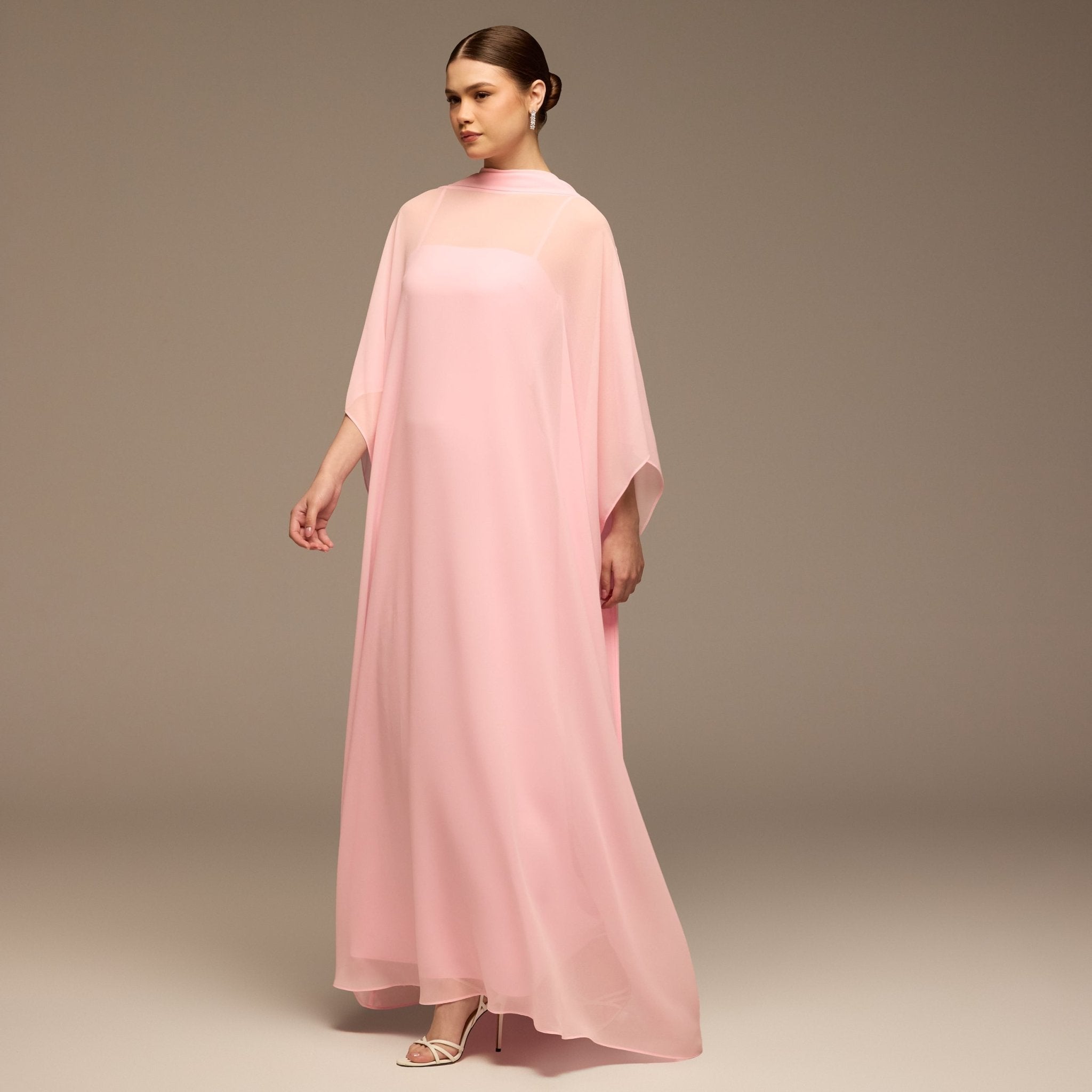 Pink Spaghetti Strap Dress with Sheer Chiffon Cape - shopaleena