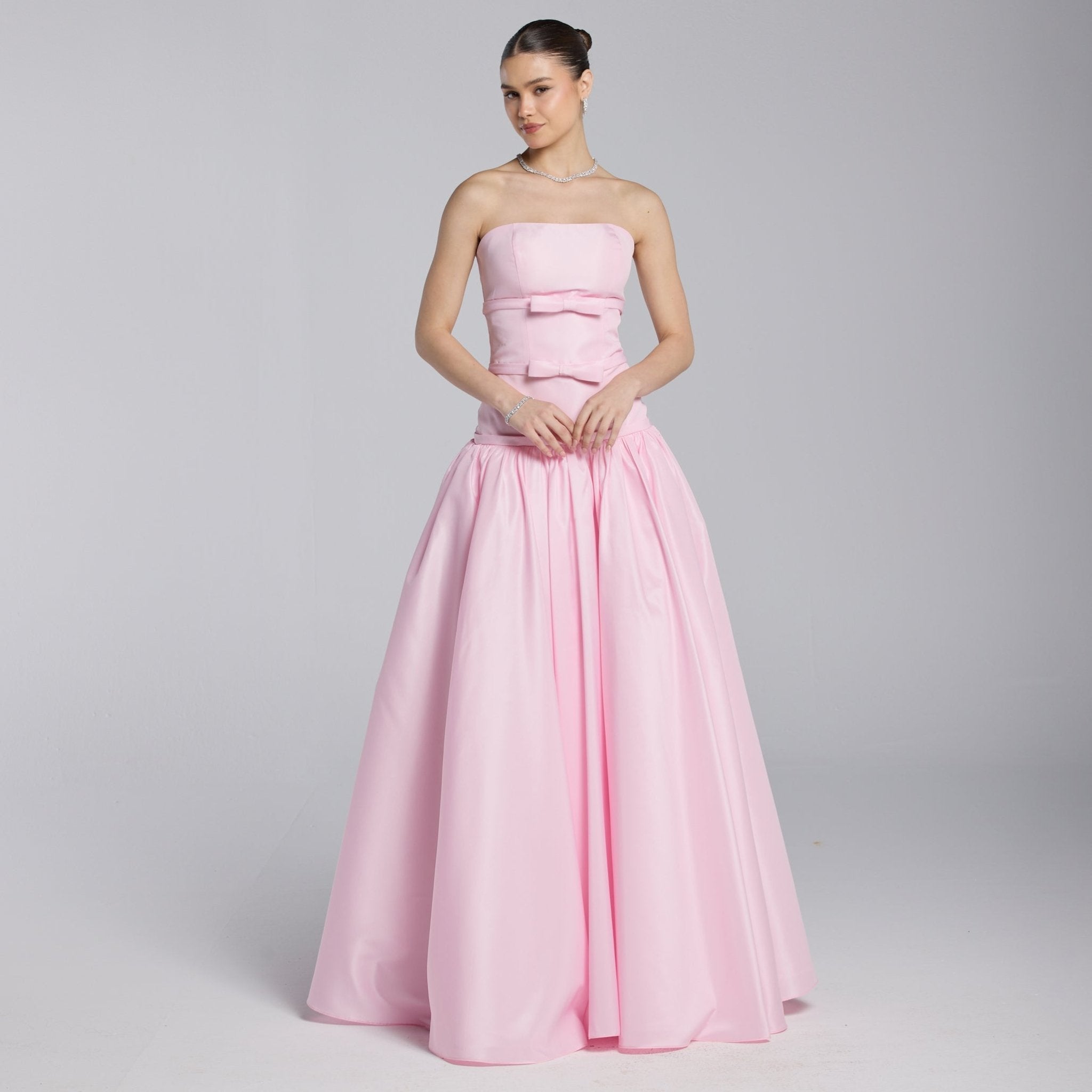 Pink Taffeta Strapless Bow - Detailed Gown - shopaleena