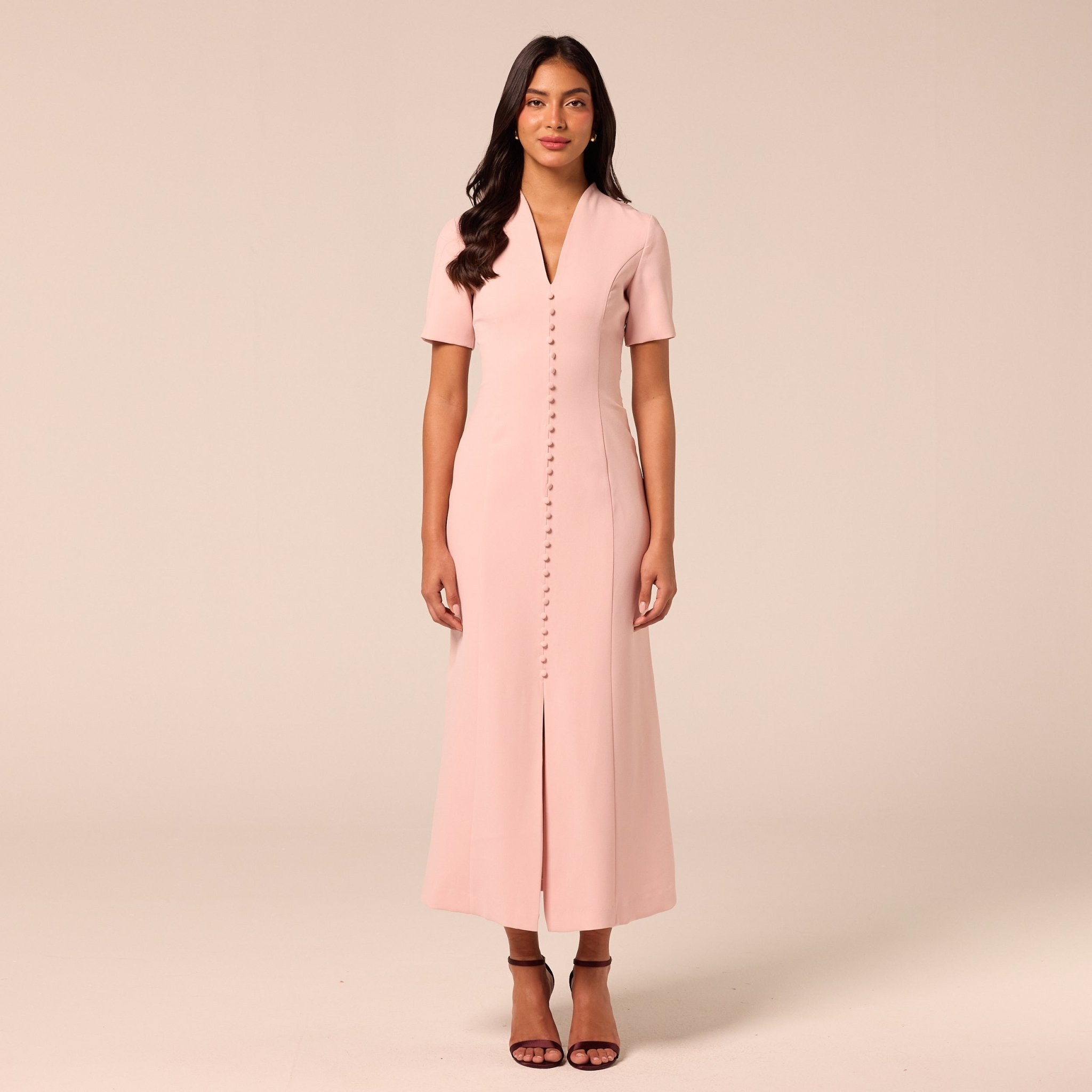 Pink V-Neck Buttoned Crepe Dress - shopaleena
