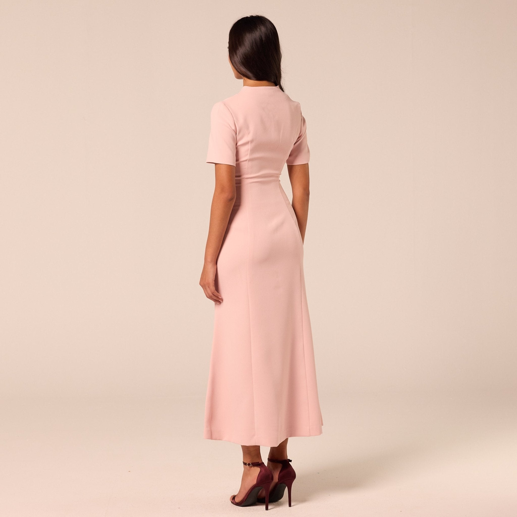 Pink V-Neck Buttoned Crepe Dress - shopaleena