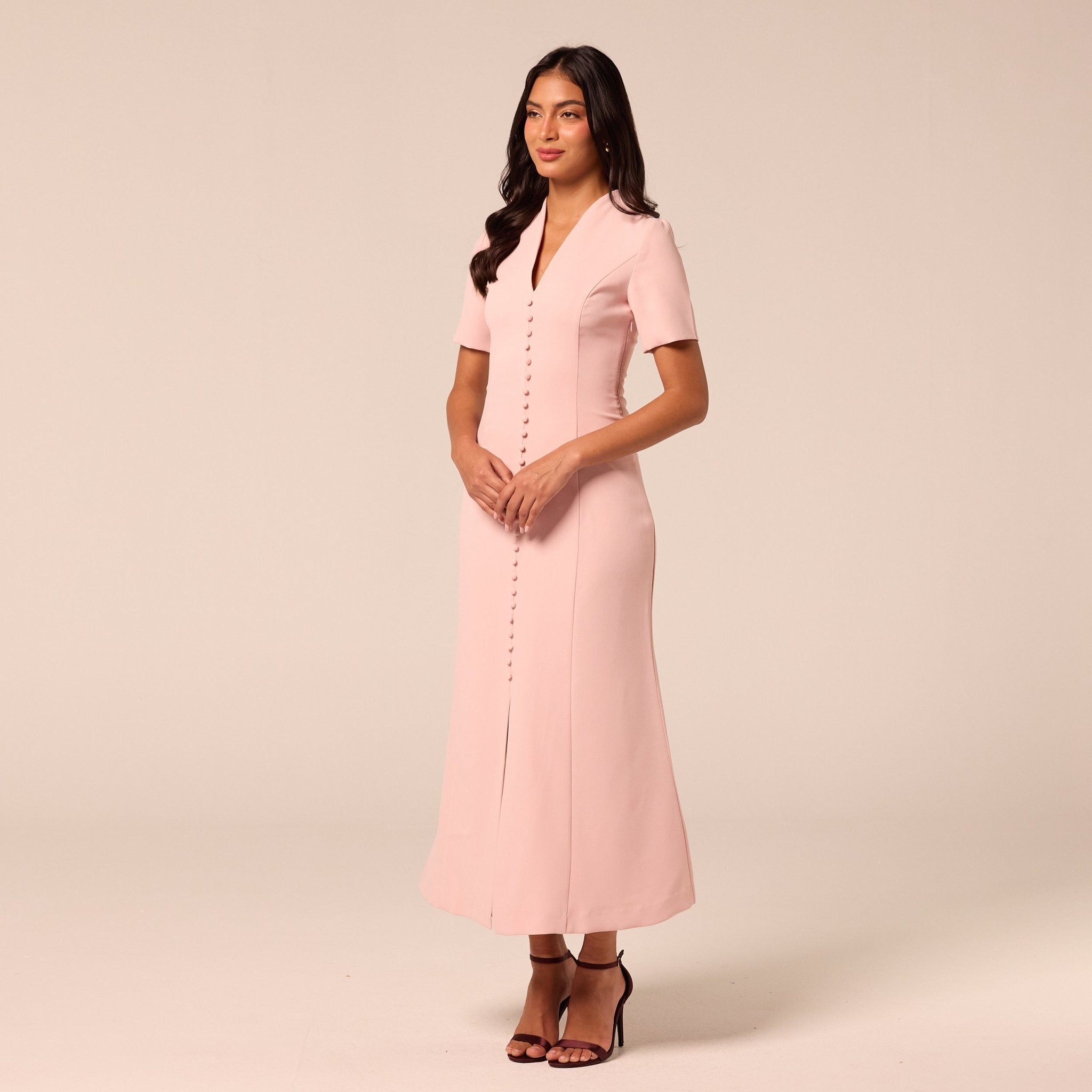 Pink V-Neck Buttoned Crepe Dress - shopaleena