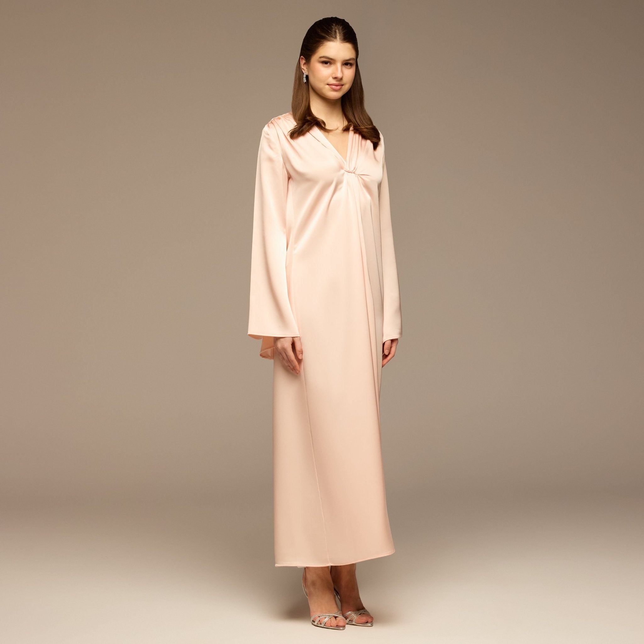 Pink V - Neck Flared Sleeve Satin Kaftan - shopaleena