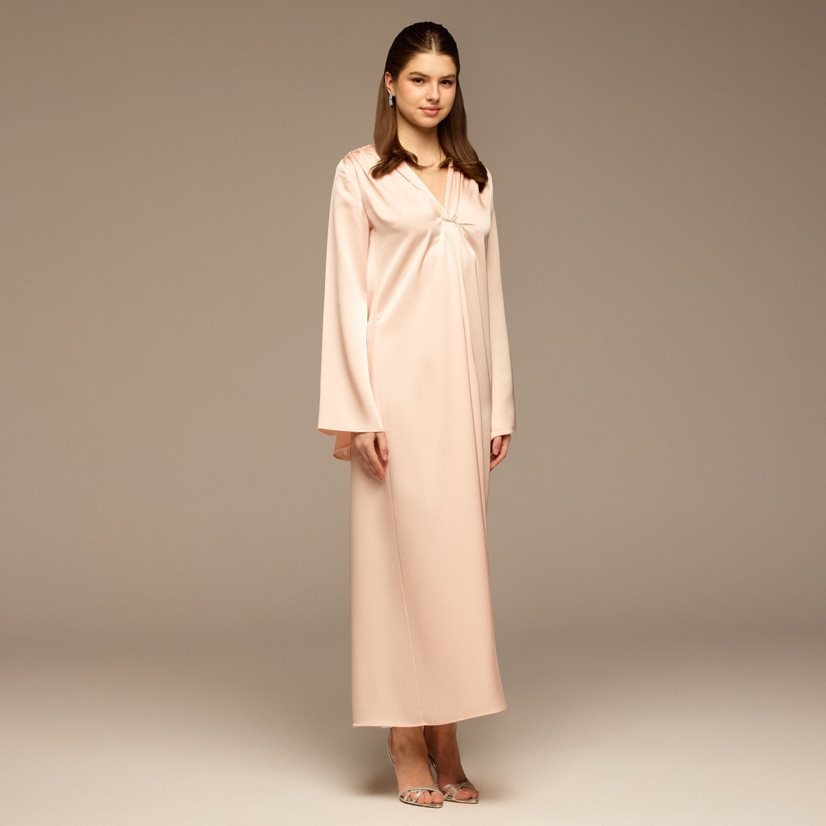 Pink V - Neck Flared Sleeve Satin Kaftan - shopaleena