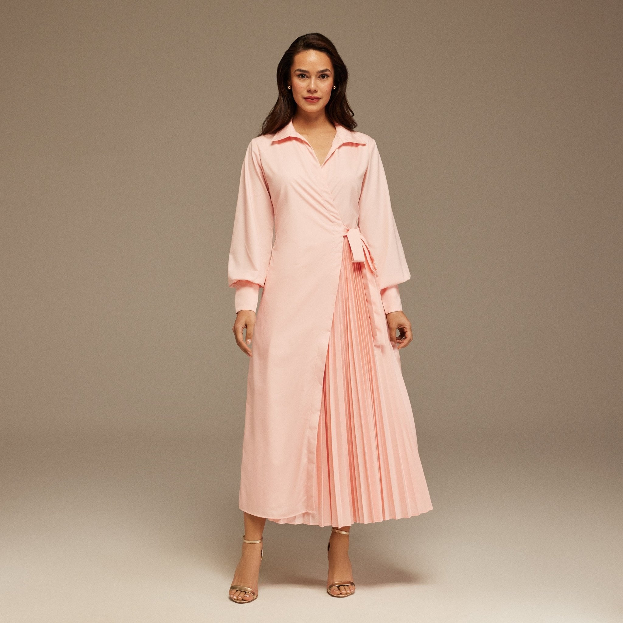 Pink Warped Dress Poplin With Pleats - shopaleena