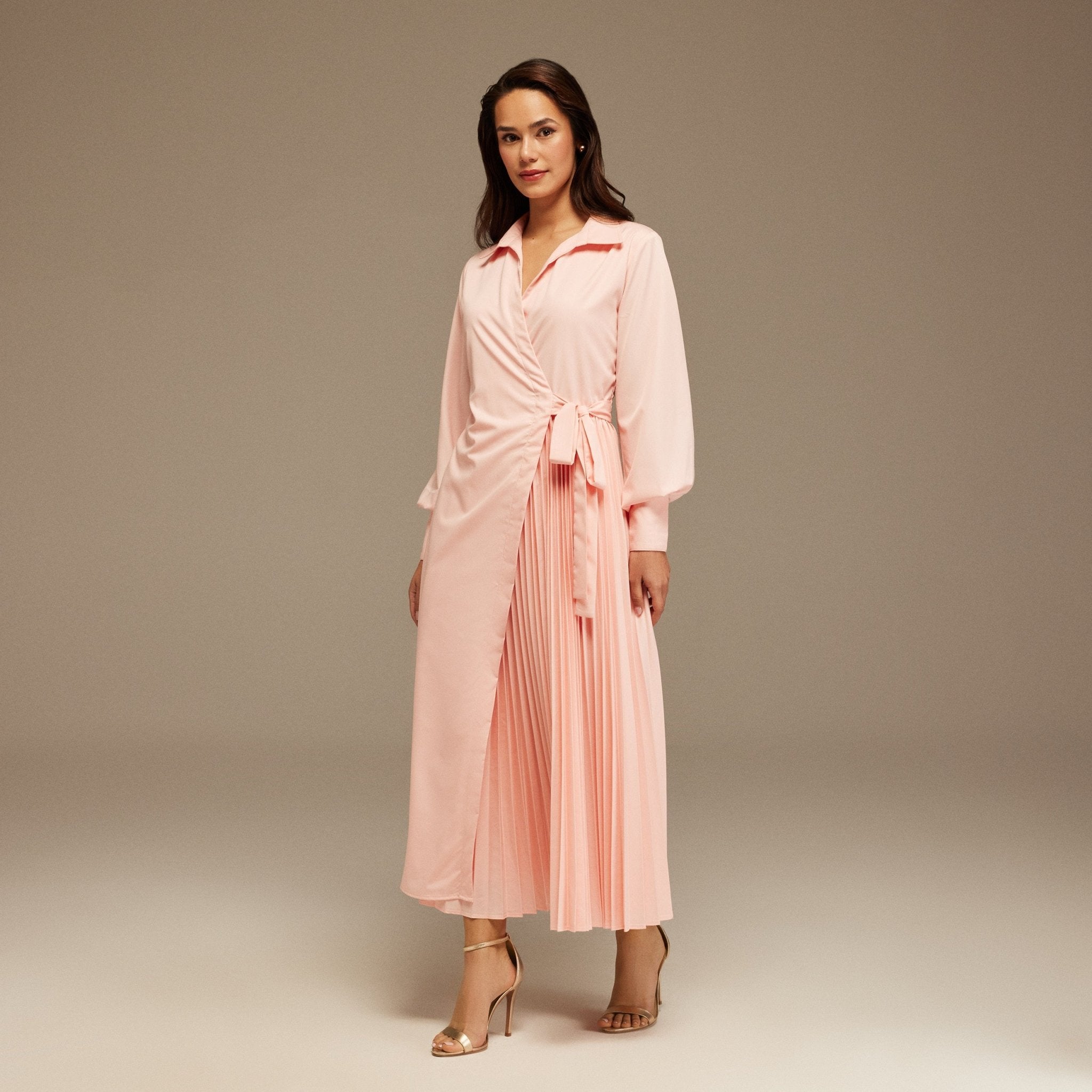 Pink Warped Dress Poplin With Pleats - shopaleena