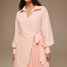 Pink Warped Dress Poplin With Pleats - shopaleena