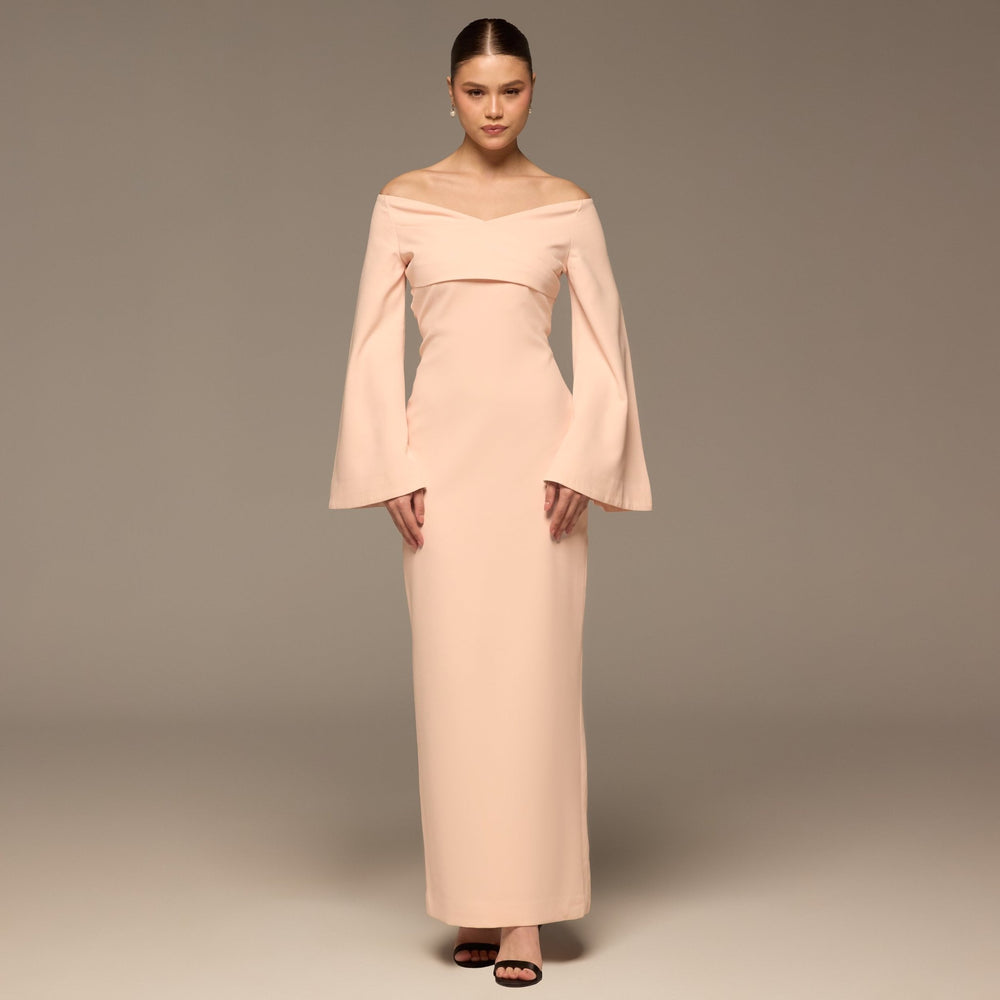 Pink Wide V Neck Crepe Maxi Dress - shopaleena