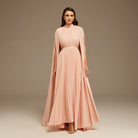 Pleated A-line Dress with Cape Sleeves and High Neck Scarf - shopaleena