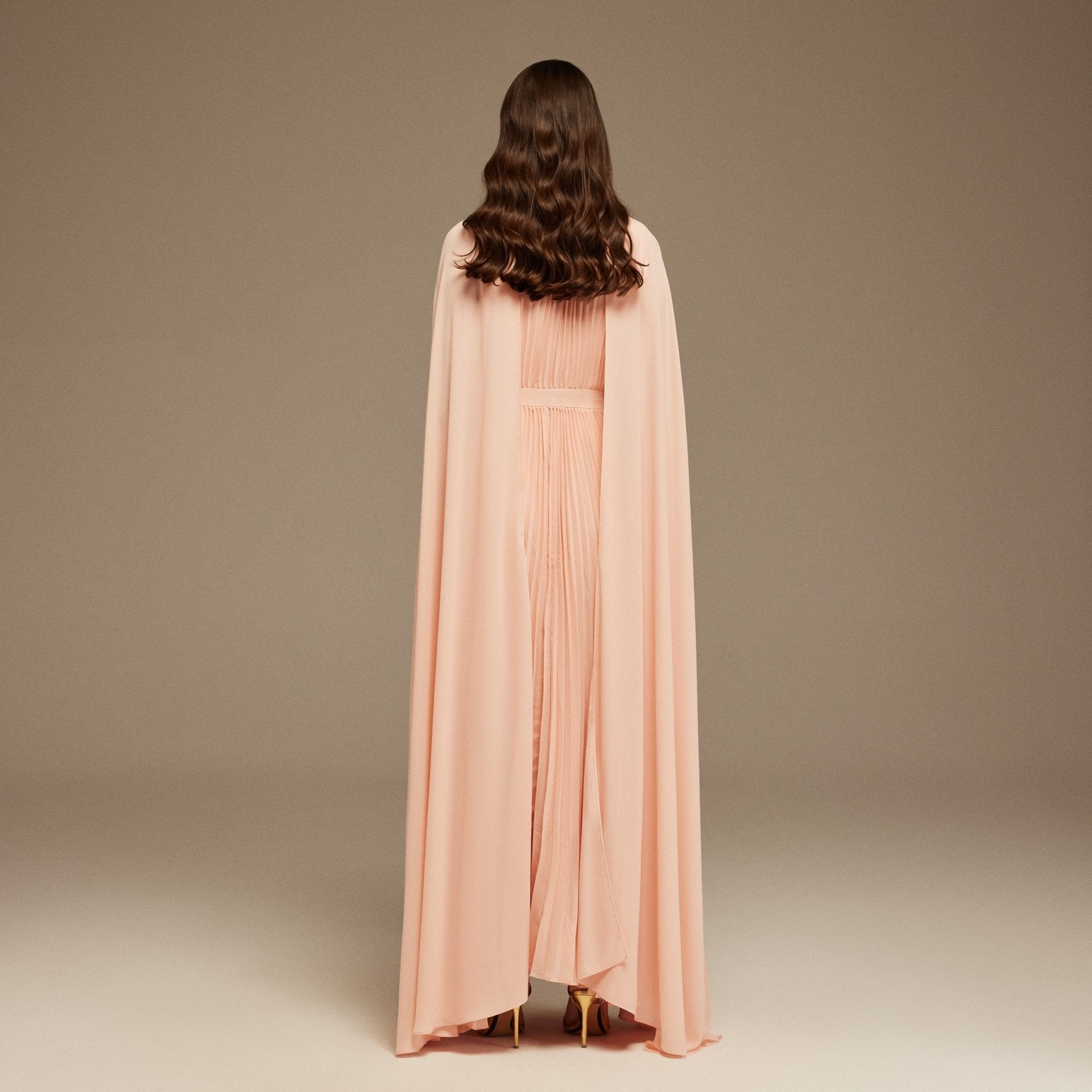 Pleated A-line Dress with Cape Sleeves and High Neck Scarf - shopaleena