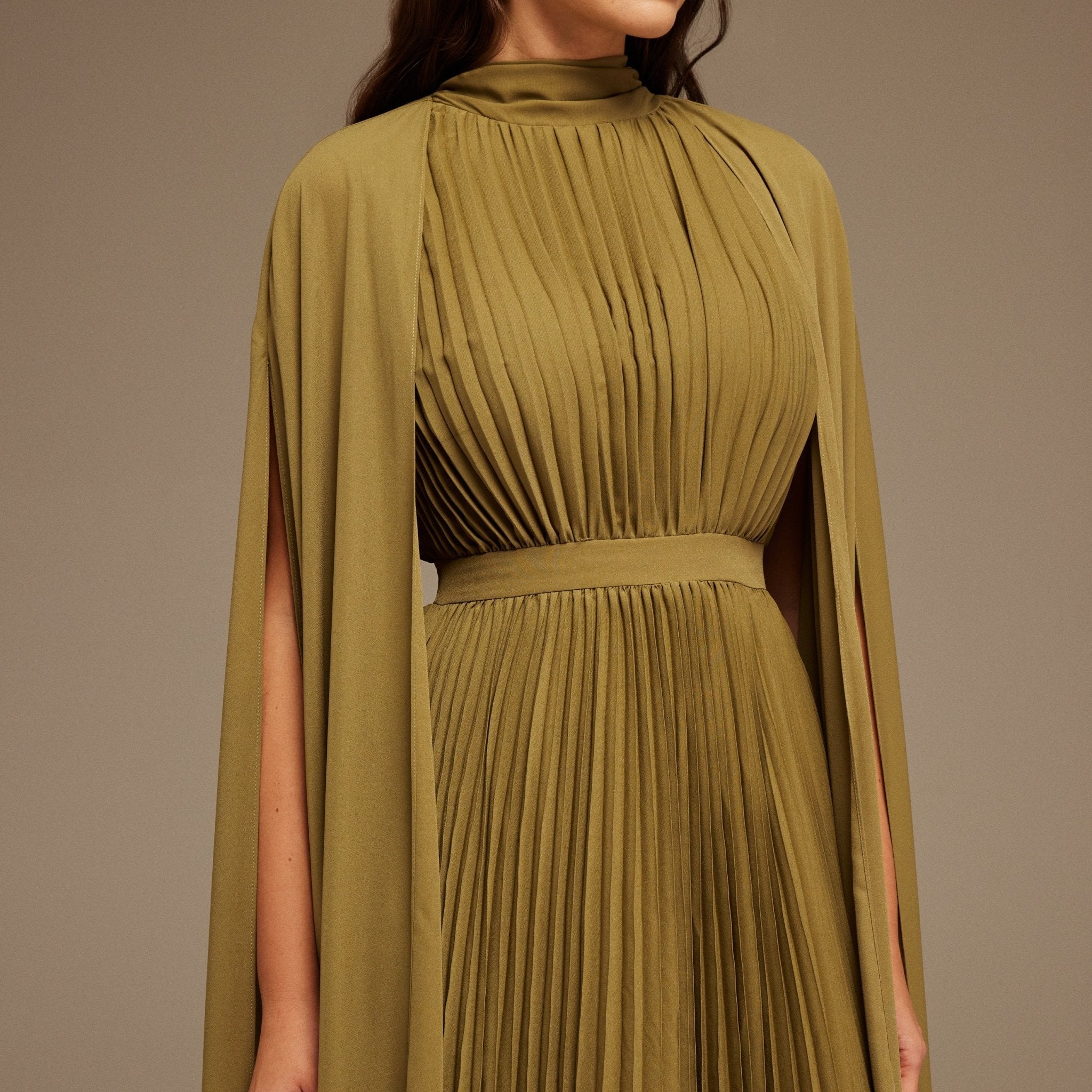 Pleated A-line Dress with Cape Sleeves and High Neck Scarf - shopaleena