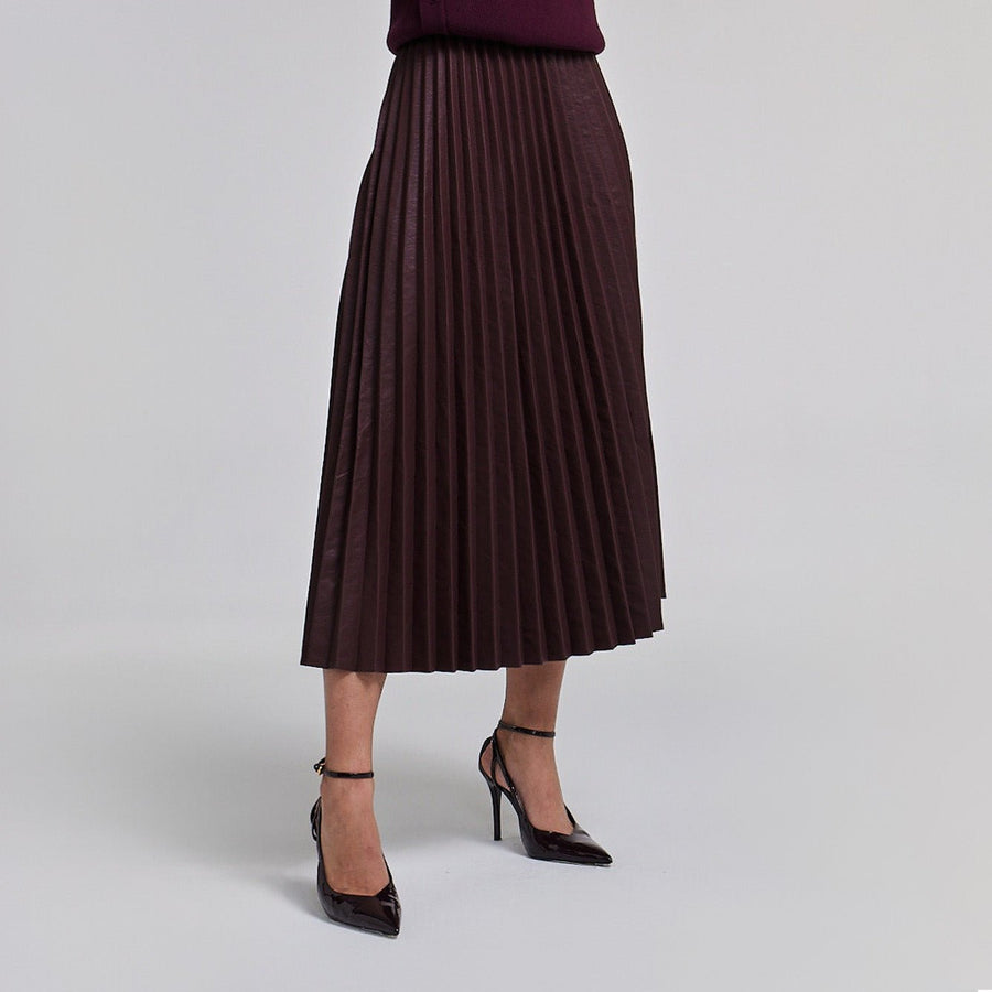 Pleated Leather Midi Skirt - shopaleena