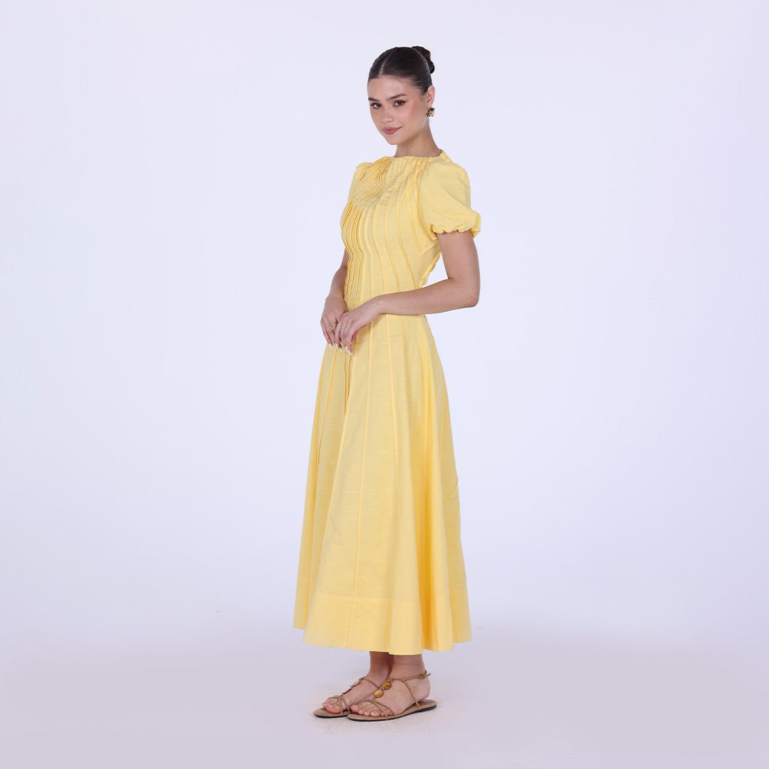 Pleated Linen Maxi Dress with Puff Short Sleeves - shopaleena