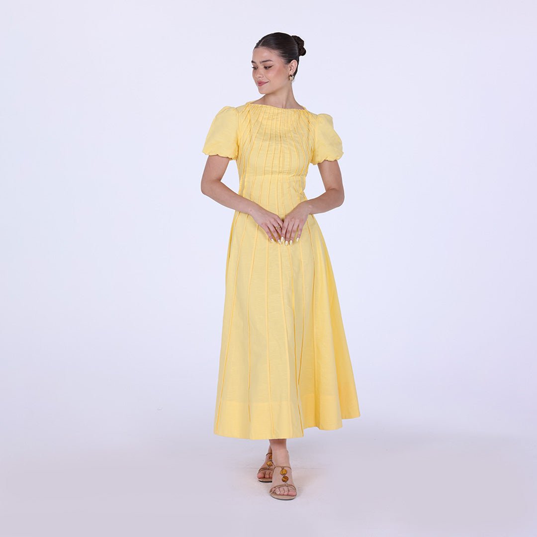 Pleated Linen Maxi Dress with Puff Short Sleeves - shopaleena